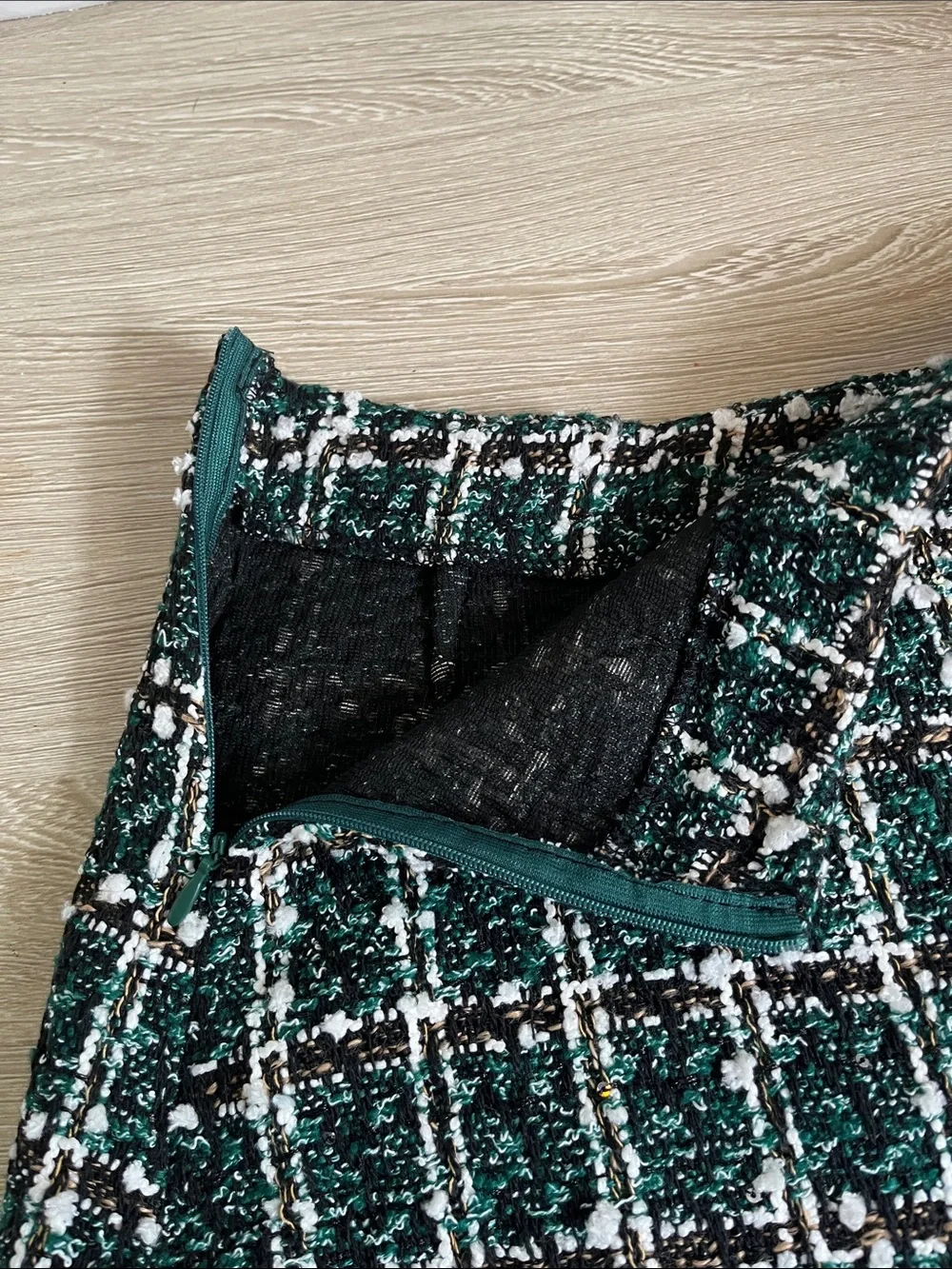Plaid Tweed Mini Skirt with Pearl Button Accents